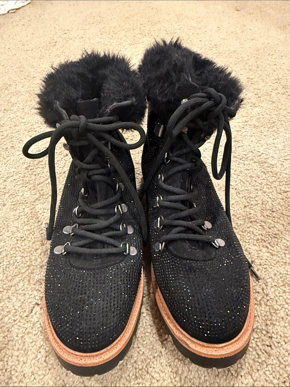 Black Faux-Fur Lace-Up Women's Ankle Boots